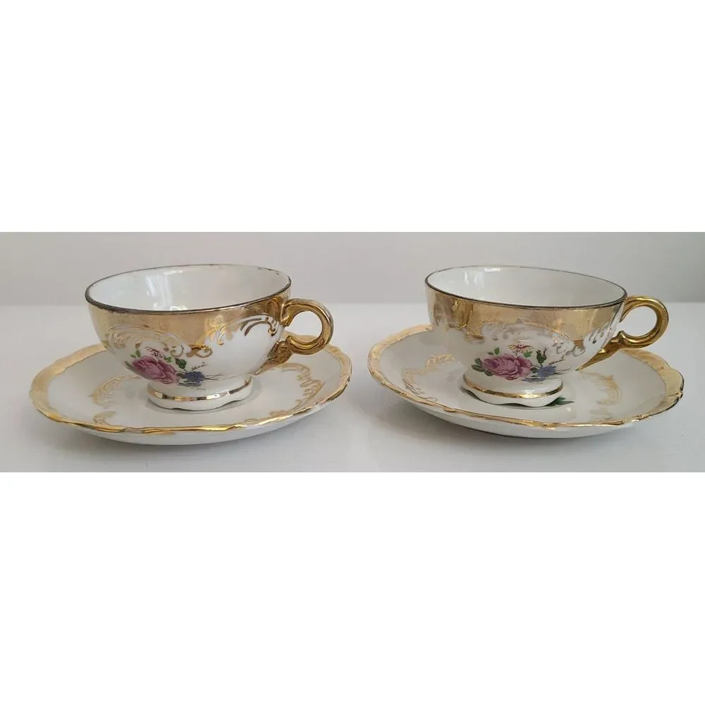 2 Demitasse Porcelain Teacup & Saucer Set, Cabbage Rose & Gold,‎ made in Bavaria